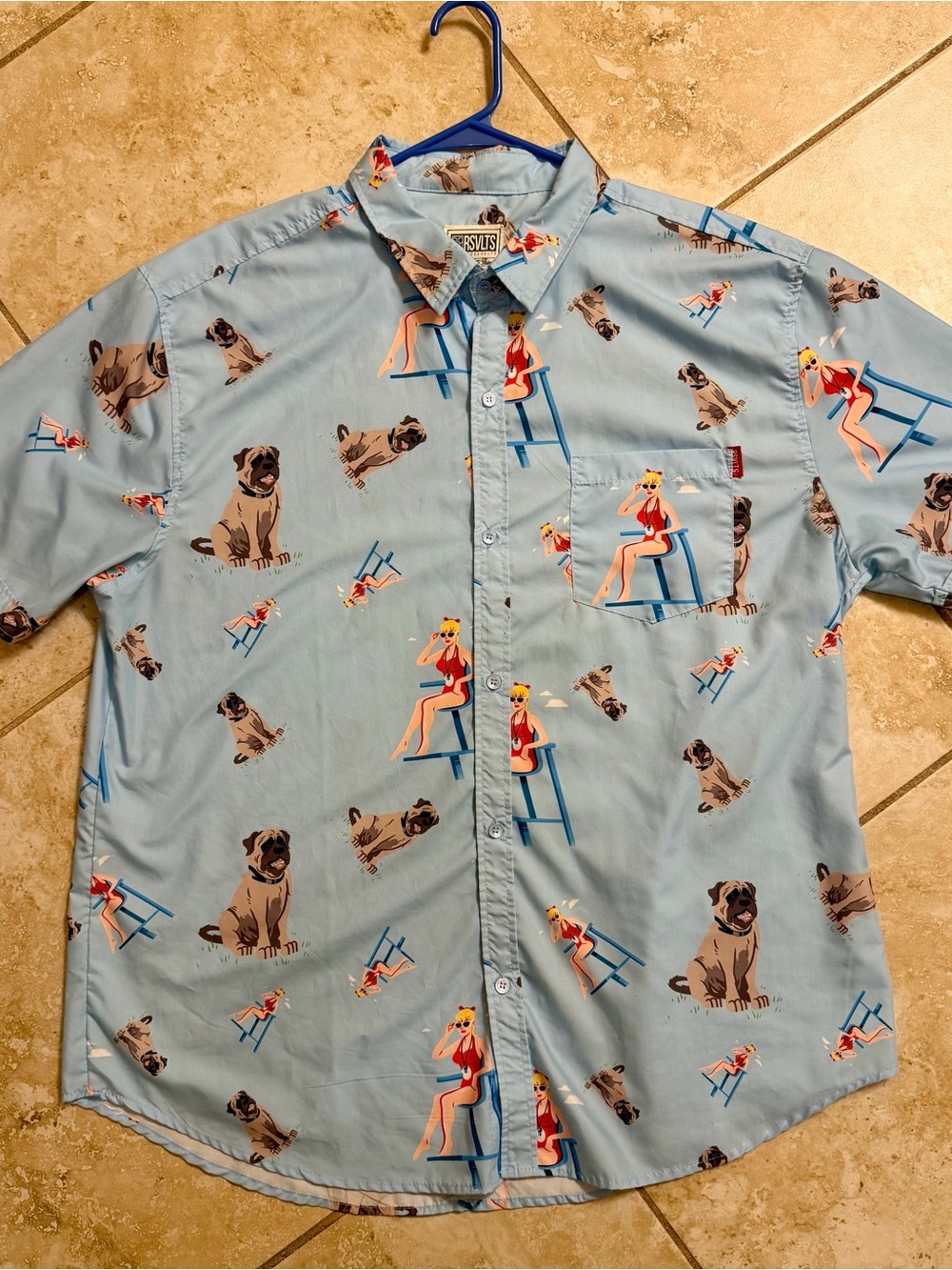 RSVLTS Light Blue Short-Sleeve Button-Down with Lifeguard Pinup xxl
